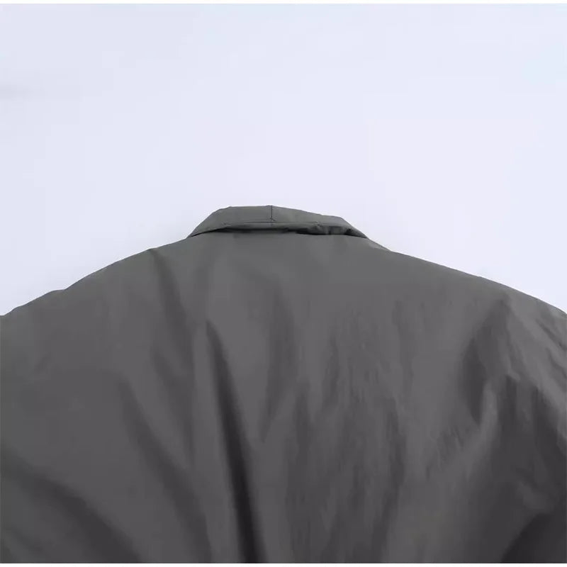 Casual Gray Lace Up Coat Women Cotton V-neck Luxury Pocket 2025 Autumn Thick Jackets Female Chic Street All-match Outwear Tops