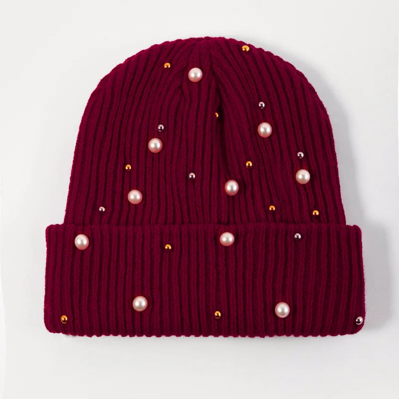 New Autumn And Winter Woolen Hat For Women, Fashionable Pearl Embellishment, Winter Warm Knitted Hat
