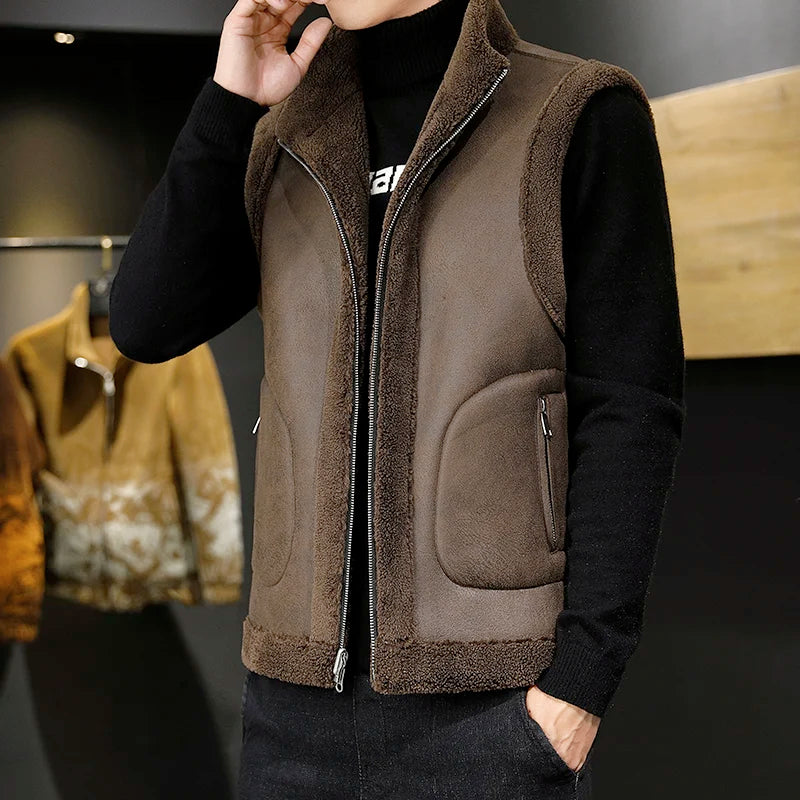 Winter Lamb Wool Vests Men Warm Coat Fashion Casual Thick Stand Collar Sleeveless Jacket Can Be Worn On Both Sides Waistcoat Man