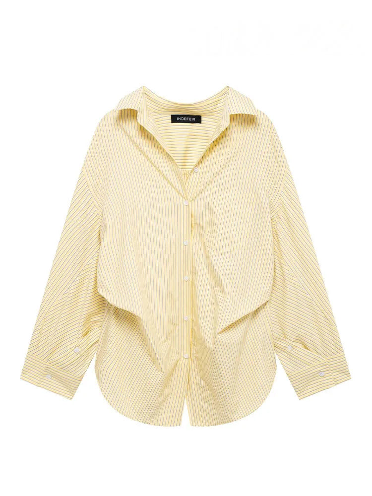 HH Women Elegant Commuter Shirt Splicing Loose Striped Single-breasted Lapel Blouse Female Spring Casual Long-sleeved Top