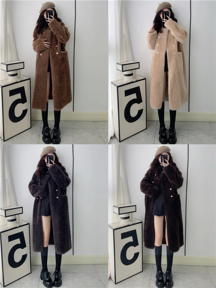 100% Wool Coat Women New Warm Sheep Shearing Long Solid Color Long Coat Lamb Wool casacos femininos inverno 2025