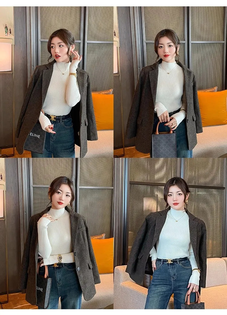 Chic Autumn Winter 2025 Pullovers Women Long Sleeve Casual Turtleneck Warm Basic Sweater Knit Jumpers Solid Color Slim Tops