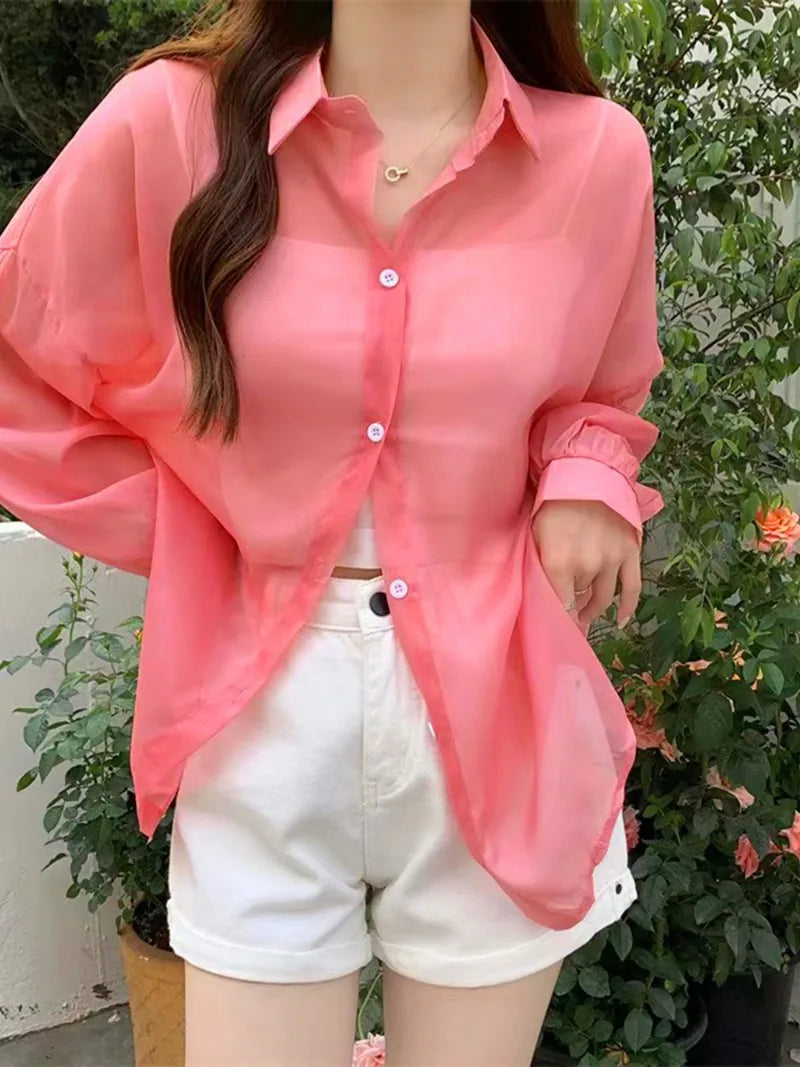 New Women's Shirt | Lightweight Breathable, Solid Color, Straight Button Placket, Lapel, Long-Sleeve, Outerwear & Sun-Protective