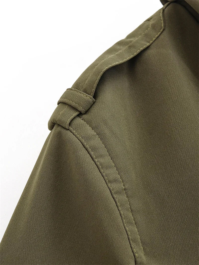 Women's Trench Coat 2025 Autumn New Style Army Green Long Sleeve Double-Breasted Belt Decorated Trench Coat Outerwear British