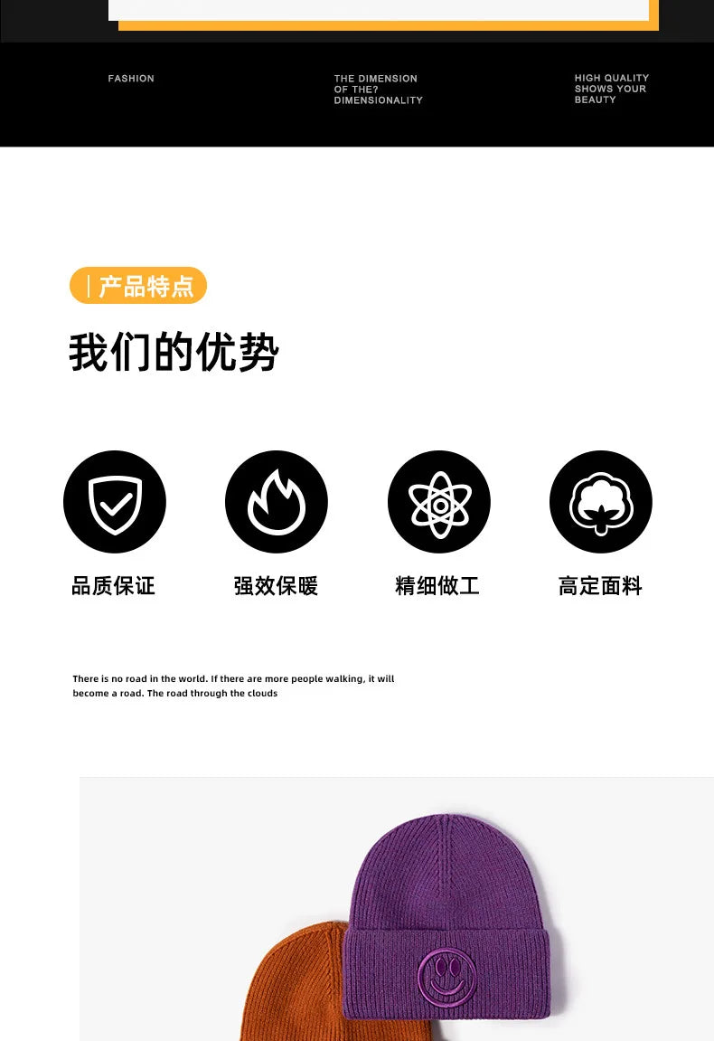 Wool hat female Korean versioncartoonsmiley face embroidered knittedautumn andwintermen'soutdoorwarm thickened brimless cold hat