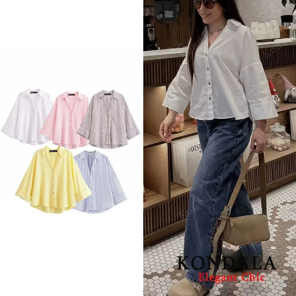 Women Fall Casual Loose Shirt Lapel Buttons Wide Sleeve Shirt 2025 New Spring Autumn Minimalist Holiday Versatile Shirt