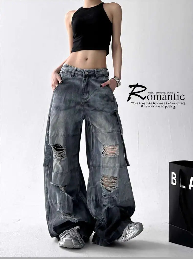 Women Jeans Pants American High Street Ripped Straight Wide-Leg Jeans For Women Design Tie-Dye Jazz Dance Cargo Full Thin Jeans
