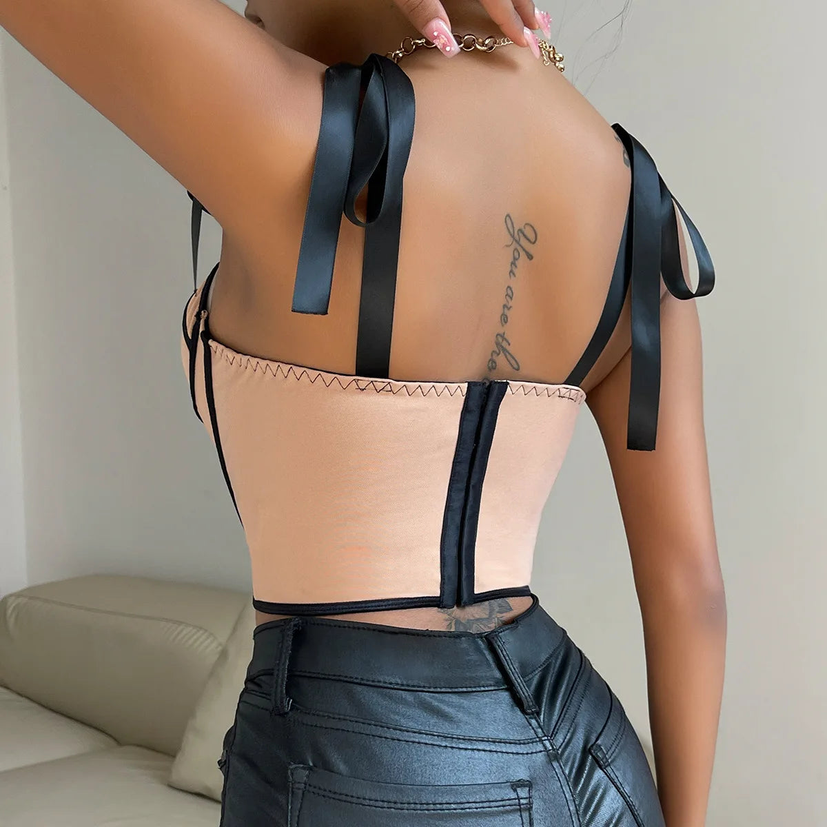 Woman Clothing Top Women T-shirt Tank Top Female Clothes Tops Tanks Camis Crop Top Y2K Sexy Ribbon Tie-Up Fishbone Camisole