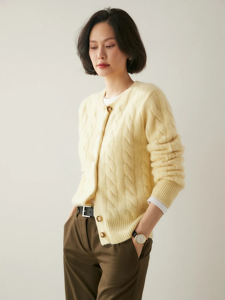 Luxury Women 100% Cashmere Sweater O-neck Cardigan Cable Knitting Thick Sweater Coat Autumn Winter Heavyweight Cashmere Clothes