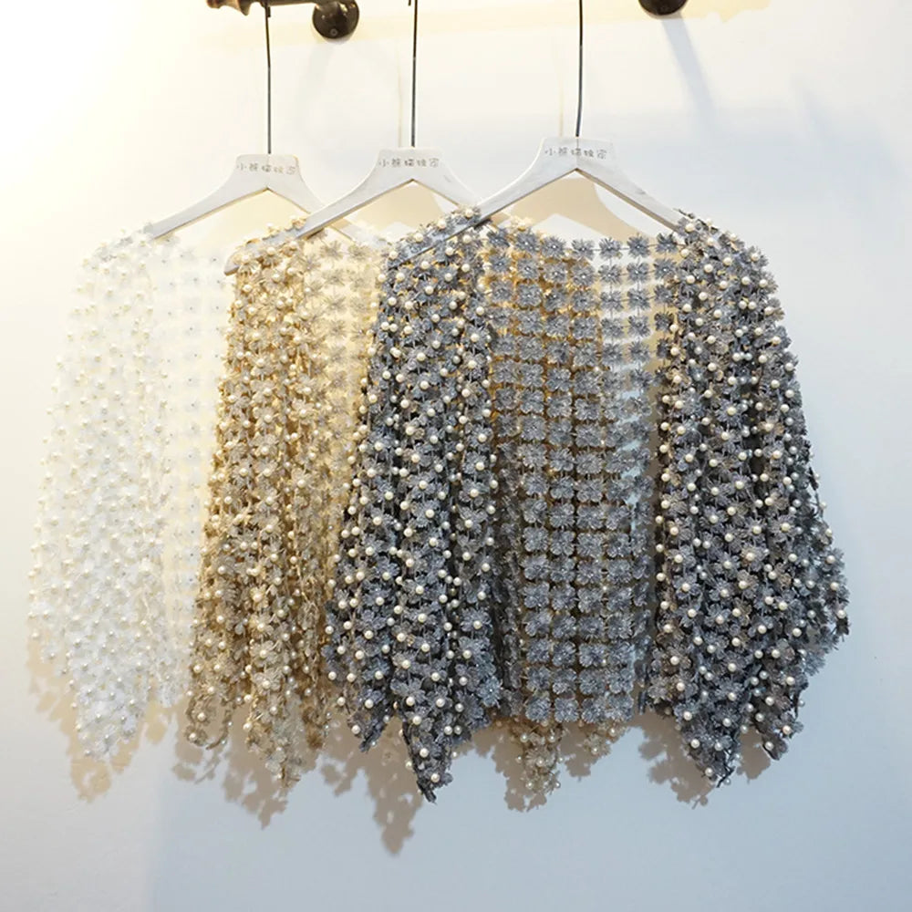 Women Beads Coat Style Women Perspective Shawl Fashion Hollow Out Lace Boleros Short Sleeve Coats Jackets Femal