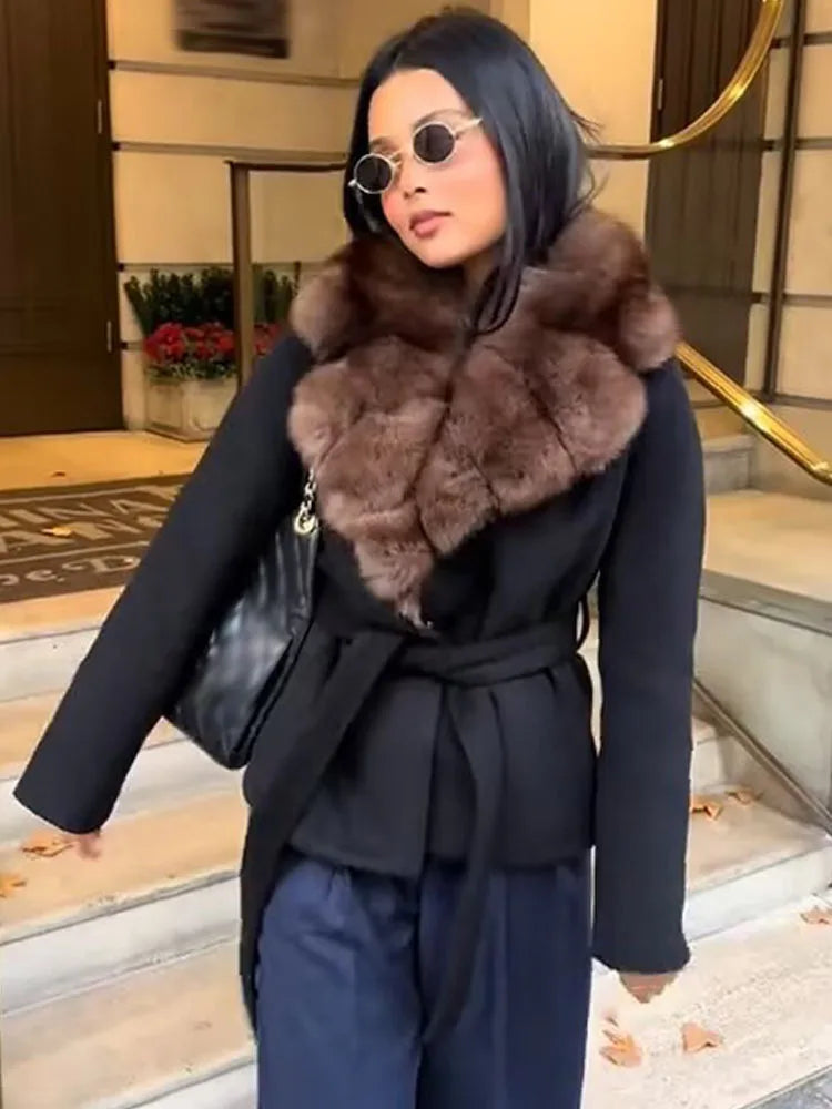 HH Women's Winter Fashion Coats Black Turn-Down Collar Long Sleeves Pockets Belt Decoration Female Elegant Slim Elegant Coat