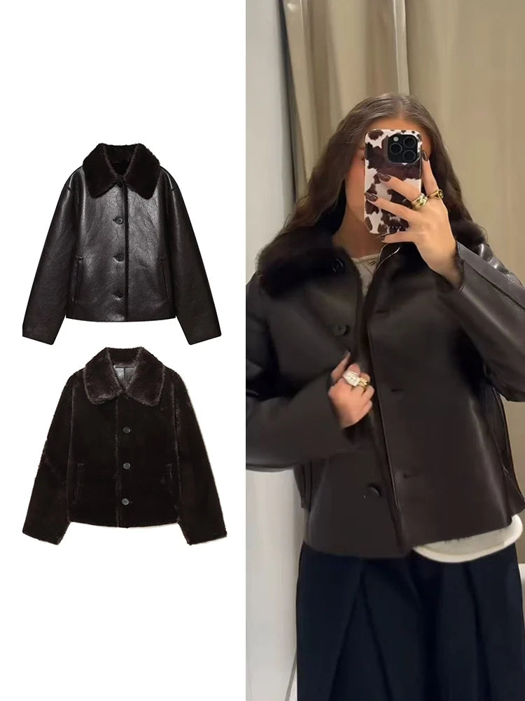 Winter Women New Double-sided Fleece Leather Jacket Fashion Reversible Lapel Single Breasted  Short Coat Retro Pocket Outwear
