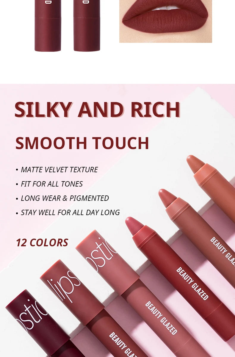 12-Color Matte Waterproof Lipstick Pen - Long-Lasting, Vibrant Berry Tone, Plant-Based Squalane, Smooth Application for All Skin