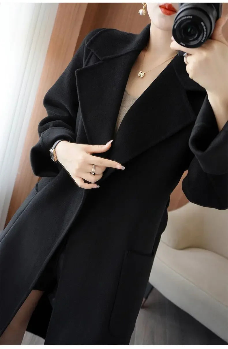 100% Wool Coat Women's Wear 2025 Autumn/Winter Fashion Temperament Double sided Cashmere Coats with Belt Elegant Long Overcoat