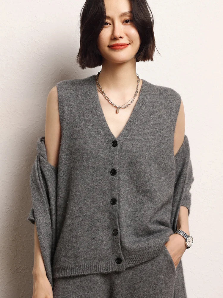 Women Cashmere Sweater Waistcoat Cardigans Vests 100% Cashmere Knitwear Autumn Winter Classics Sleeveless V-neck Office Lady Top
