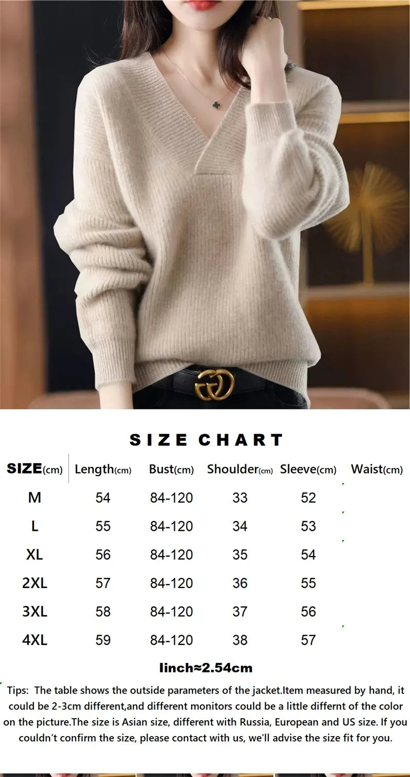 Cashmere Sweater Women's 100% Wool Sweater Fashion V-neck Knitted Pullover 2024 Winter and Autumn New Loose Solid Soft Sweater