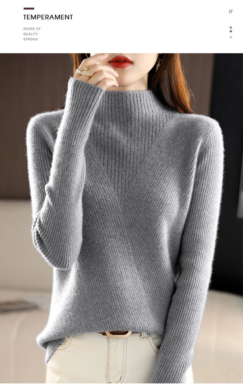 Cashmere Sweater Women Pure Color Half high collar Casual Long-sleeved Loose Pullover Cashmere Sweater Women's