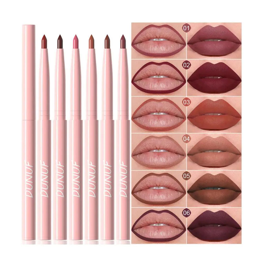 6 Matte Lip Liner, Red Pigment, Nude Brown Smooth Rose, Long-Lasting Rotating Lipstick Pencil Set, Women's Facial Cosmetics