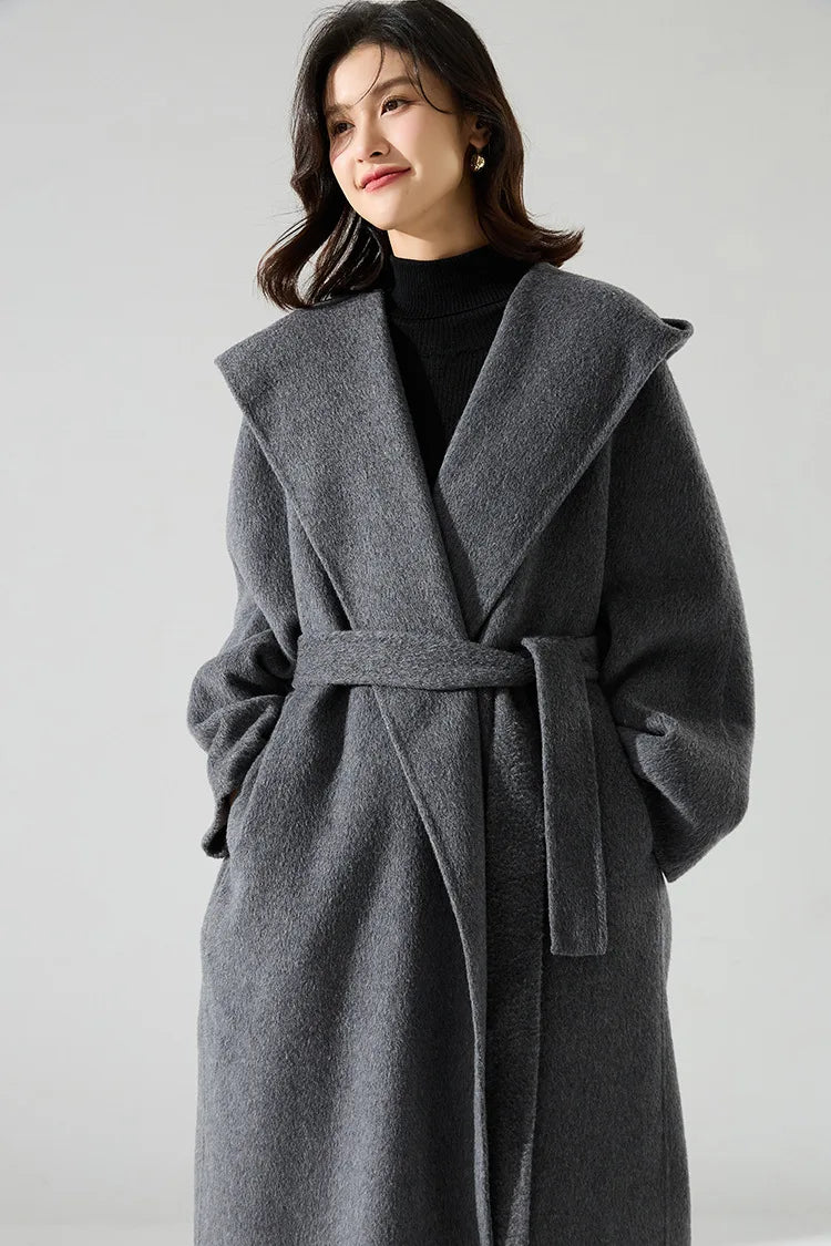 Office Lady Cashmere Woolen Jackets 2024 Autumn And Winter High-Grade Hooded Bathrobe Style Loose Lace-Up Long Women Wool Coats