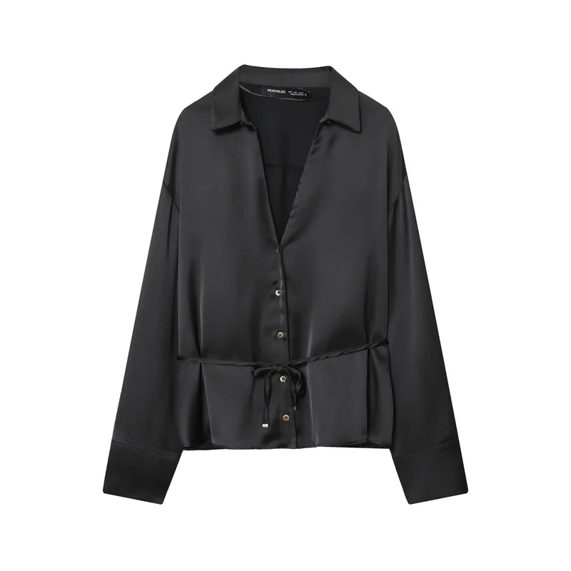 Women's Shirt 2025 Autumn New Arrival Black Long-Sleeve Satin Tie Simple Style Shirt Casual Fashion Elegant and Graceful