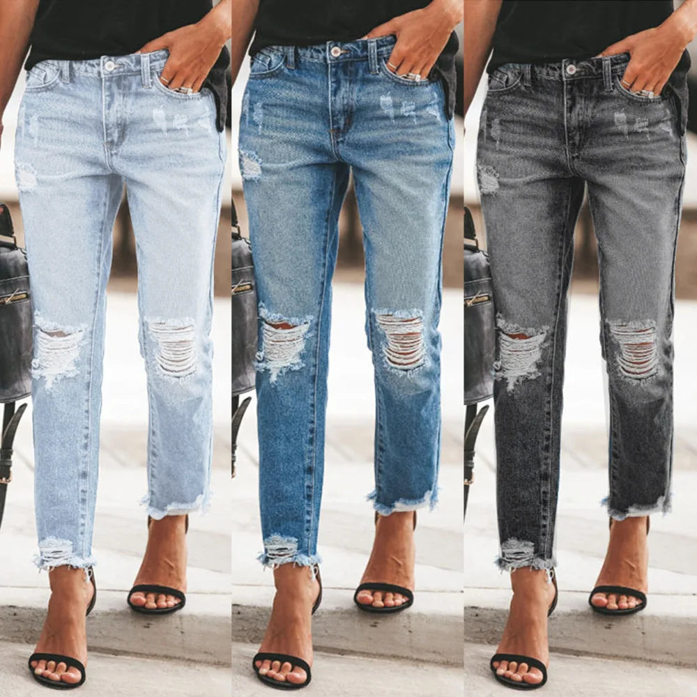 New Women's Slim Jeans Fashion Casual Ripped Denim Pants Spring Autumn Office Lady Work Trousers High-waisted Straight Jeans