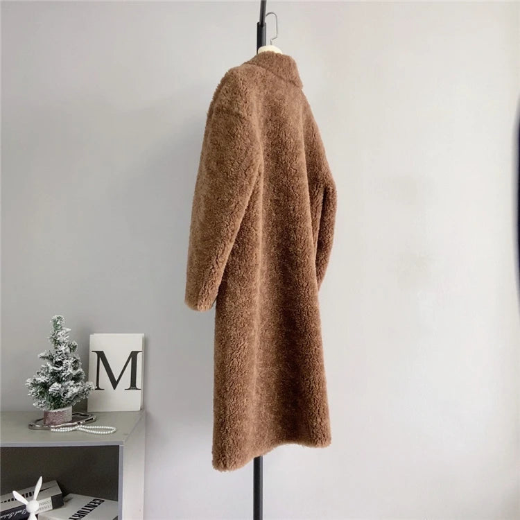100% Wool Coat Women New Warm Sheep Shearing Long Solid Color Long Coat Lamb Wool casacos femininos inverno 2025