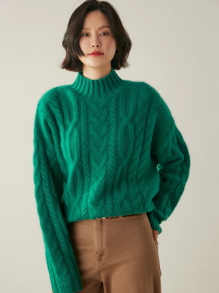 Women 100% Cashmere Sweater Mock Neck Pullover Cable Knitting Vintage Loose Style Thickened Cashmere Knitwear Autumn Winter Tops