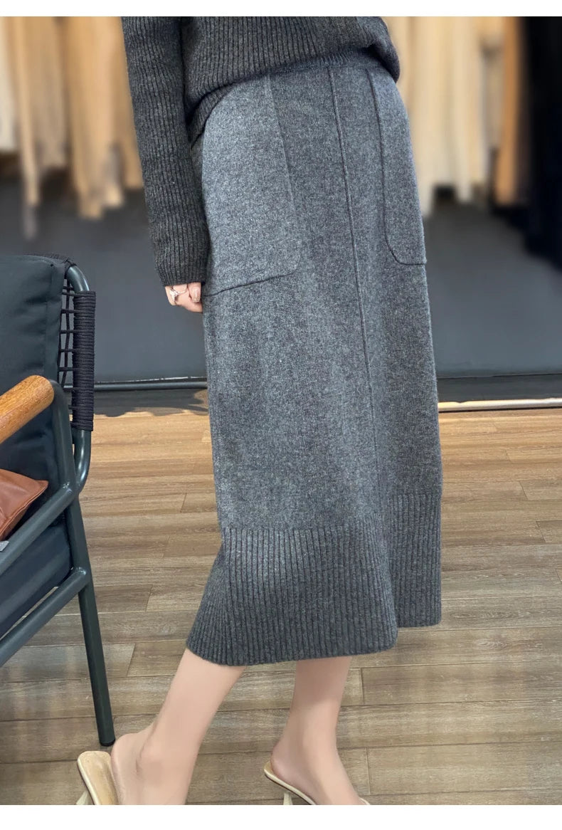 Women's Knitted Cashmere Skirt Double Pocket 100% Pure Wool Commuter Joker Straight Skirt for Autumn Winter New