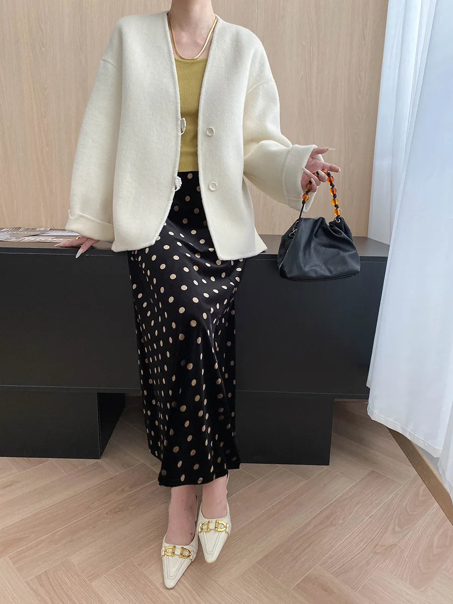 Winter women's casual solid color V-neck double-sided woolen coat jacket