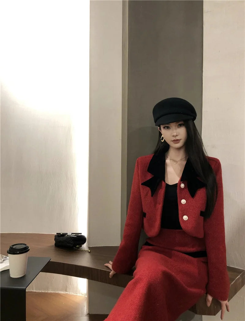 Winter Outfit Women 2024 New Elegant Lady Thickened 2 Pieces Sets Women Sweet Fashion Short Coat High Waist Long Skirt Suits