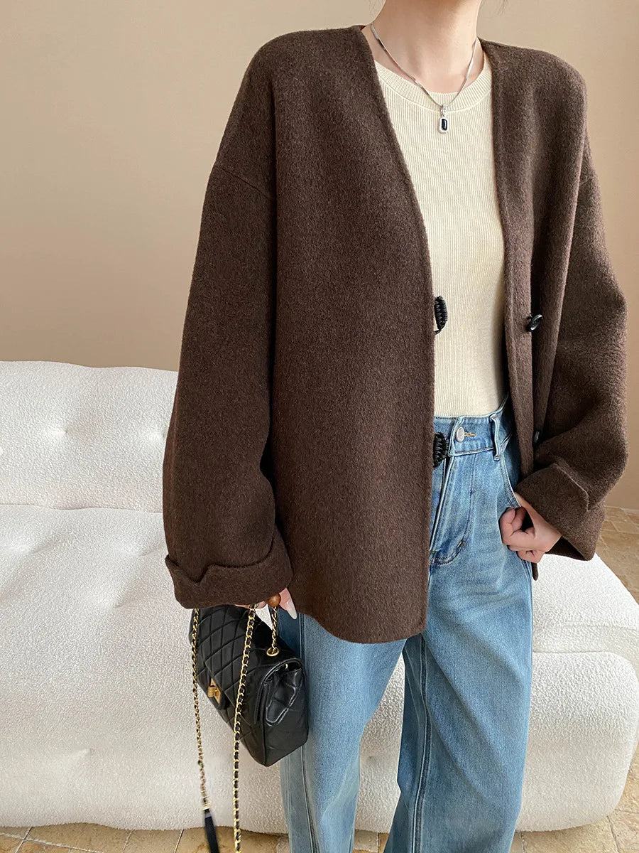 Winter women's casual solid color V-neck double-sided woolen coat jacket