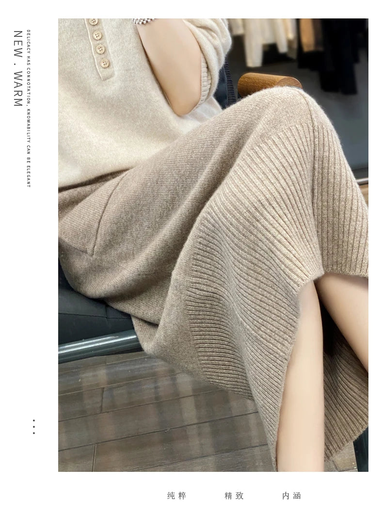 Women's Knitted Cashmere Skirt Double Pocket 100% Pure Wool Commuter Joker Straight Skirt for Autumn Winter New