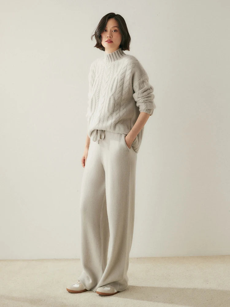 Women 100% Cashmere Sweater Mock Neck Pullover Cable Knitting Vintage Loose Style Thickened Cashmere Knitwear Autumn Winter Tops