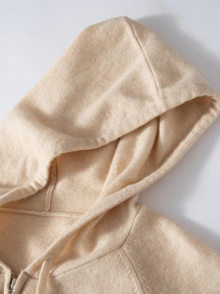 New Women 100% Cashmere Sweater Hooded Zipper Cardigan Cashmere  Autumn Winter Soft Long Sleeve Casual Simple Style Clothing Top