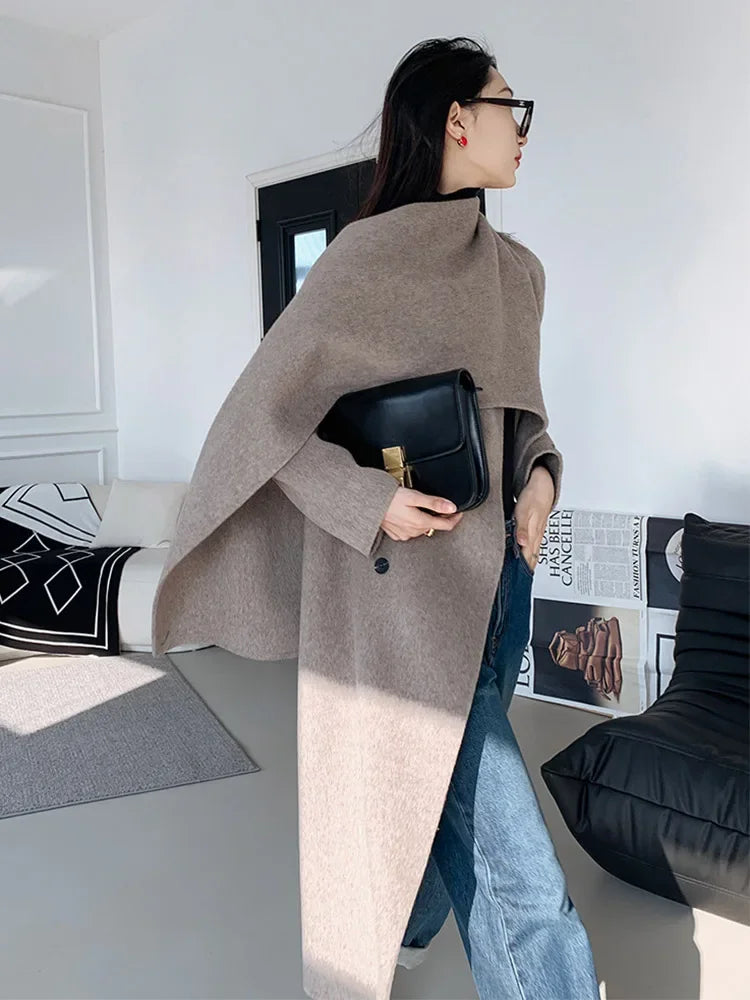 New Hand-sewn Cashmere Wool Coat Women New Mid-length Big Scarf Collar Loose Lace-up Warm Double-sided Wool Coat Fashion Winter