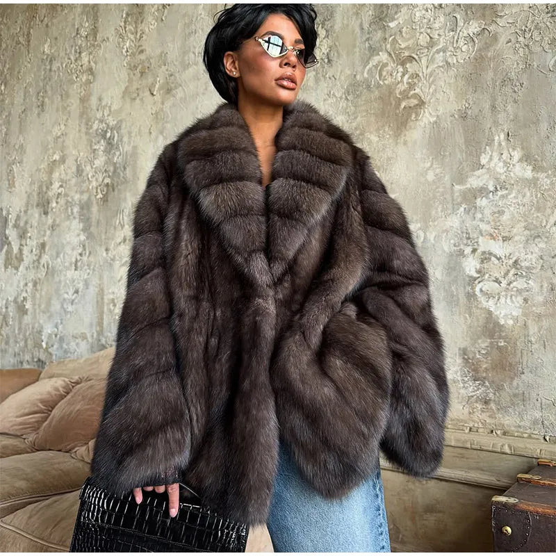 Fashion Medium-length Fur Coat Women Elegant Solid Lapel Hidden Button Loose Coats Lady 2025 Winter New Commute Office Outerwear