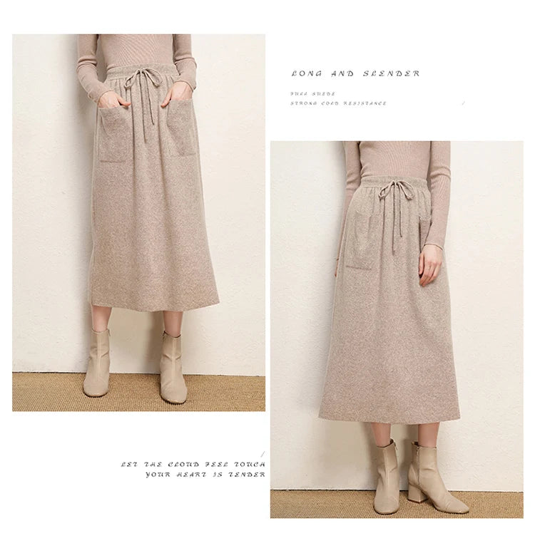 Cashmere Skirt Knitted Skirt Half Skirt, Double Pocket A-Line Skirt Skirts Plus Size Women Long Elegant Dress Women Clothing
