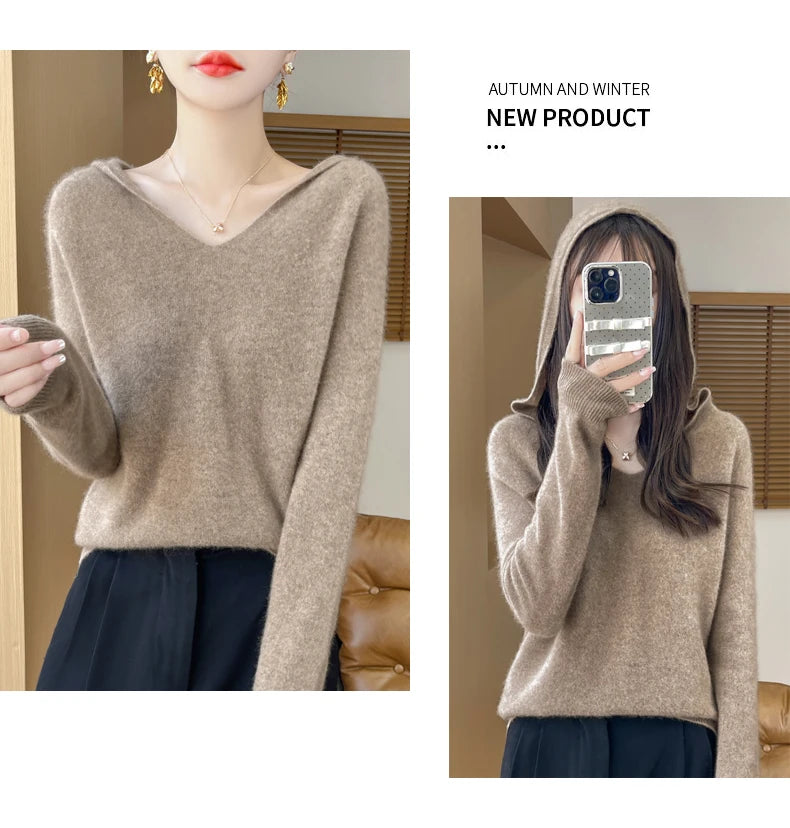 Women Autumn Winter Clothing Hooded Collar Pullover 100% Merino Wool Sweater New Fashion Cashmere Tops Bottoming Knitwear Soft