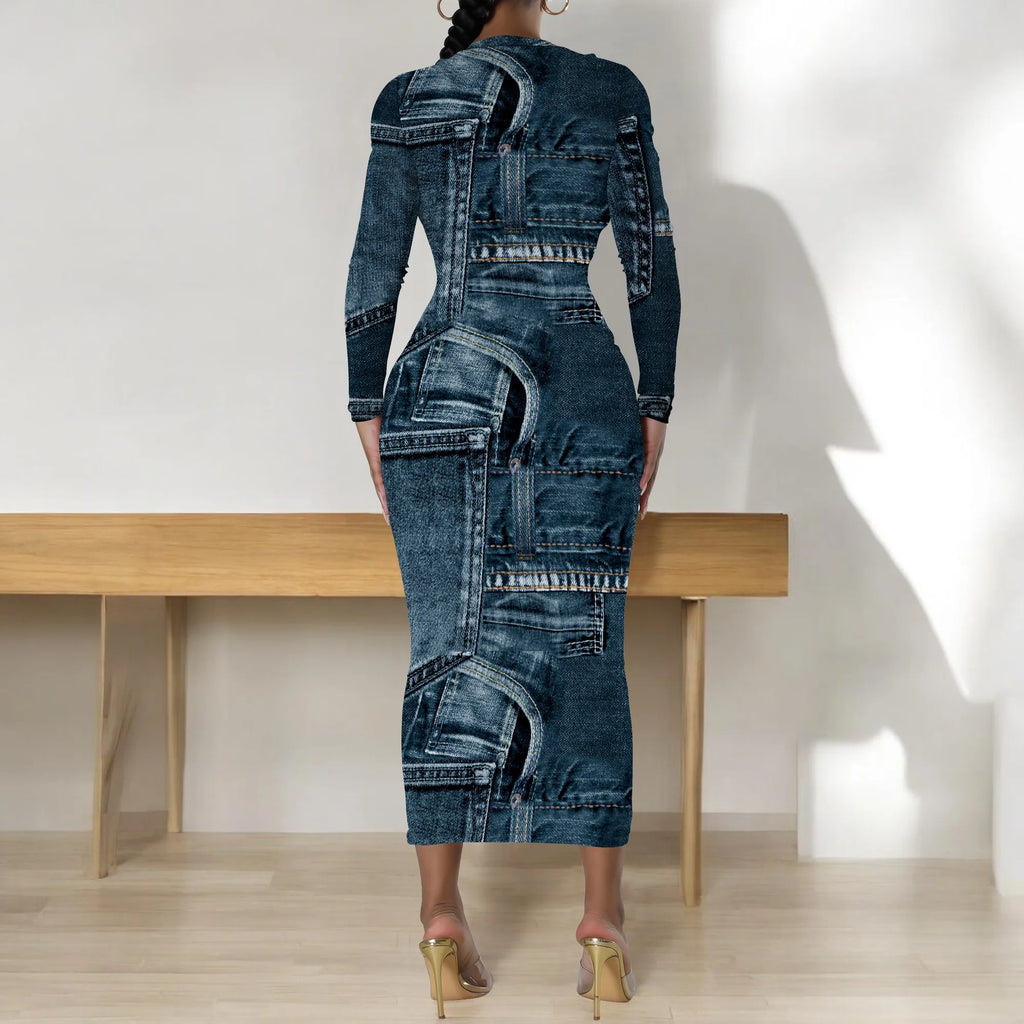 European and American women's fashion temperament casual print slim black dress