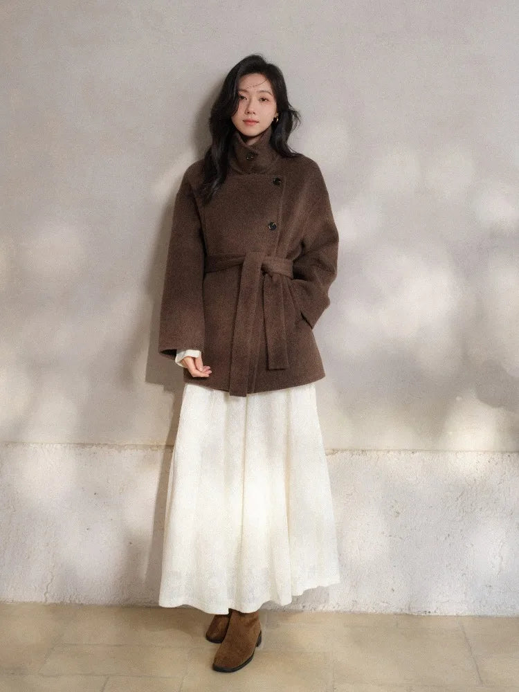 Women Elegant Wool-Like Winter Short Coat Brown Belted Jacket Warm Casual Outerwear for Lady with High Neck and Waist Tie Design