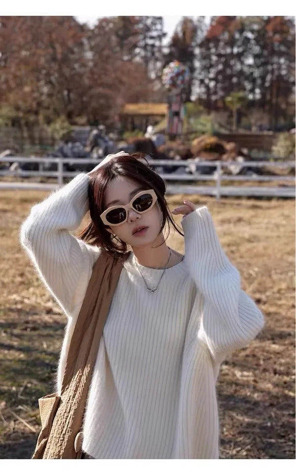 100% Cashmere sweater for women's autumn and winter loose and soft sweater wool knitted sweater round neck base layer