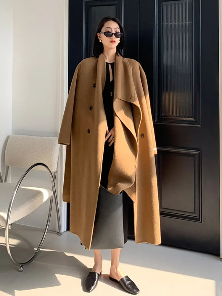 New Hand-sewn Cashmere Wool Coat Women New Mid-length Big Scarf Collar Loose Lace-up Warm Double-sided Wool Coat Fashion Winter