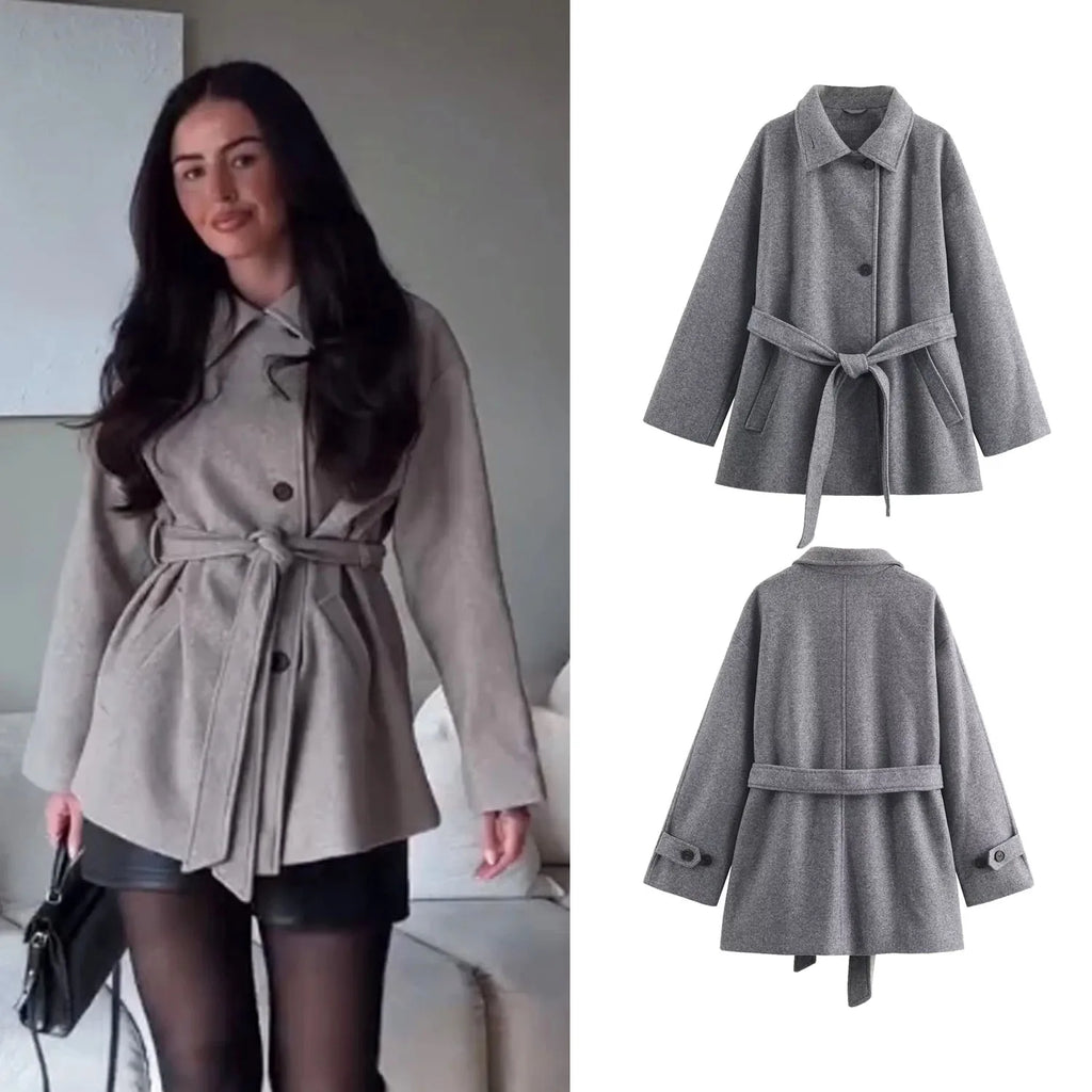 Women Wool Coat With Belt Autumn Winter Female Laple Long Sleeve Single-Breasted Outwear Coat Lady Loose Jackets