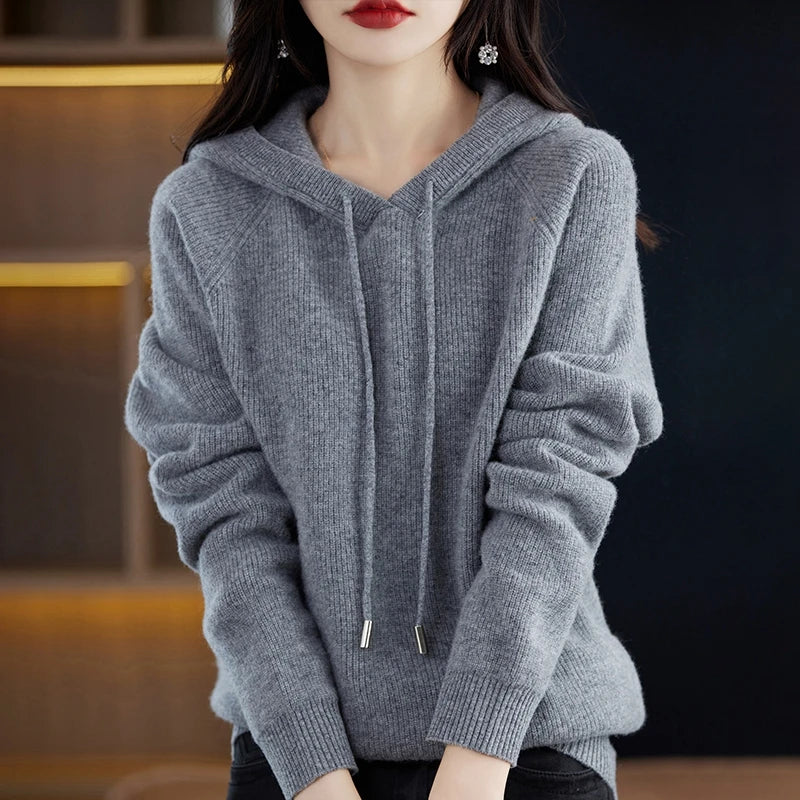 2023 New Cashmere hooded sweater Women Long Sleeve Autumn and Winter Knit hooded Pullover Solid Color Cashmere Base