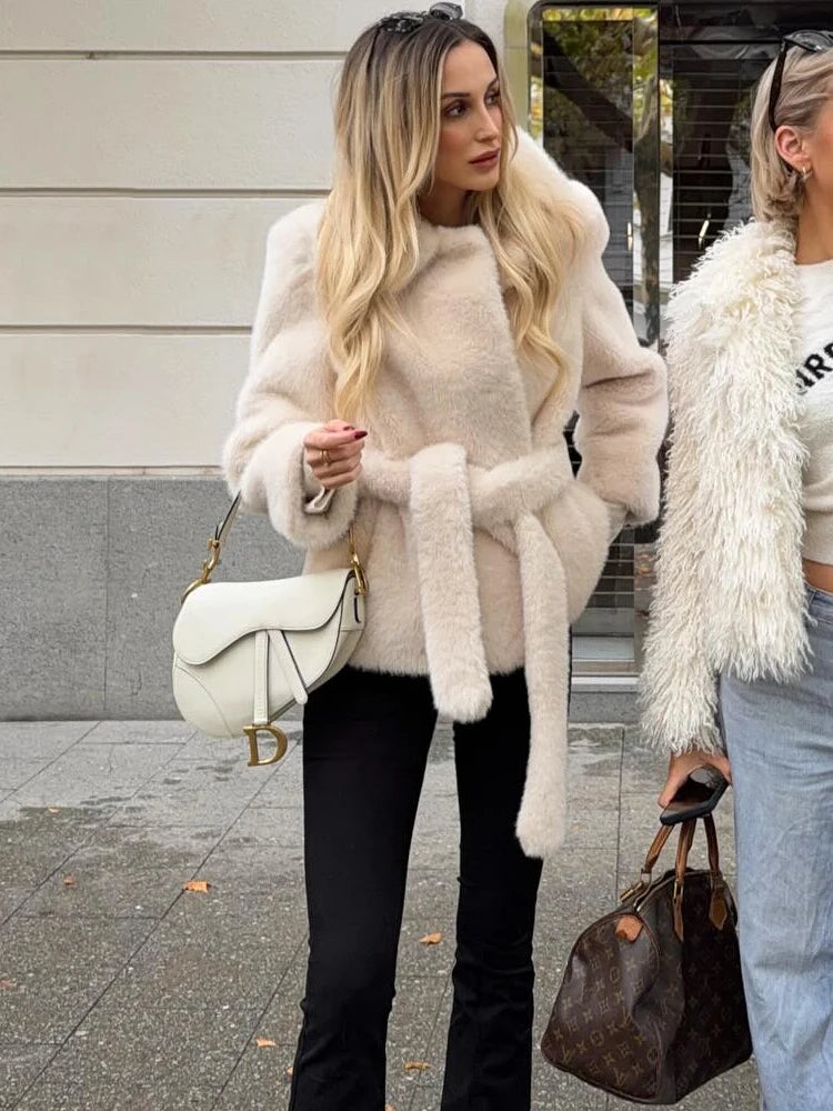 HH Winter Elegant Women Belted Artificial Fur Effect Coat Female Single Breasted Long Sleeve Loose Warm Faux Fur Jacket Outwear