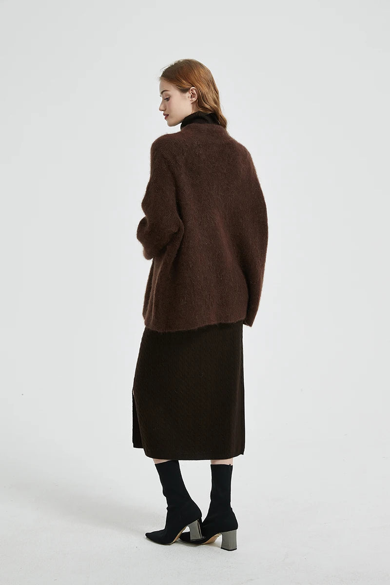 BAHTLEE-Women's Mohair Cardigan Knitted Sweater V-Neck Solid Long Sleeves Coat Keep Warm