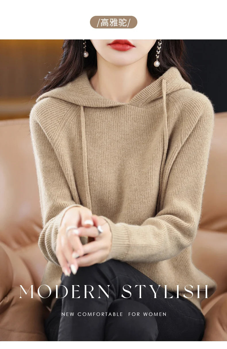 2023 New Cashmere hooded sweater Women Long Sleeve Autumn and Winter Knit hooded Pullover Solid Color Cashmere Base