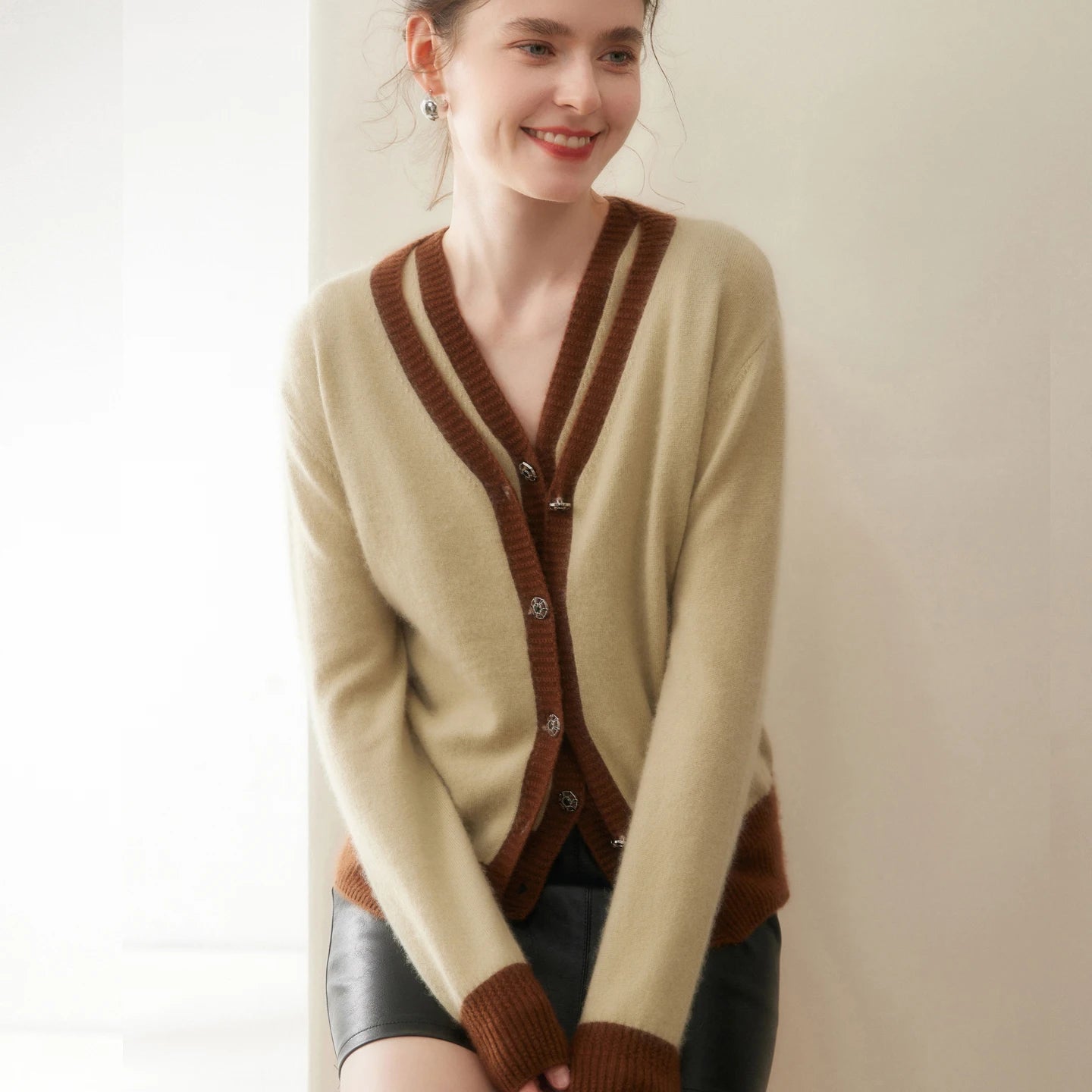 Women Cashmere Sweater V-neck  Cardigan and Vest Set Spring Autumn Winter 100% Cashmere Knitwear Long Sleeve Top Waistcoat Suit