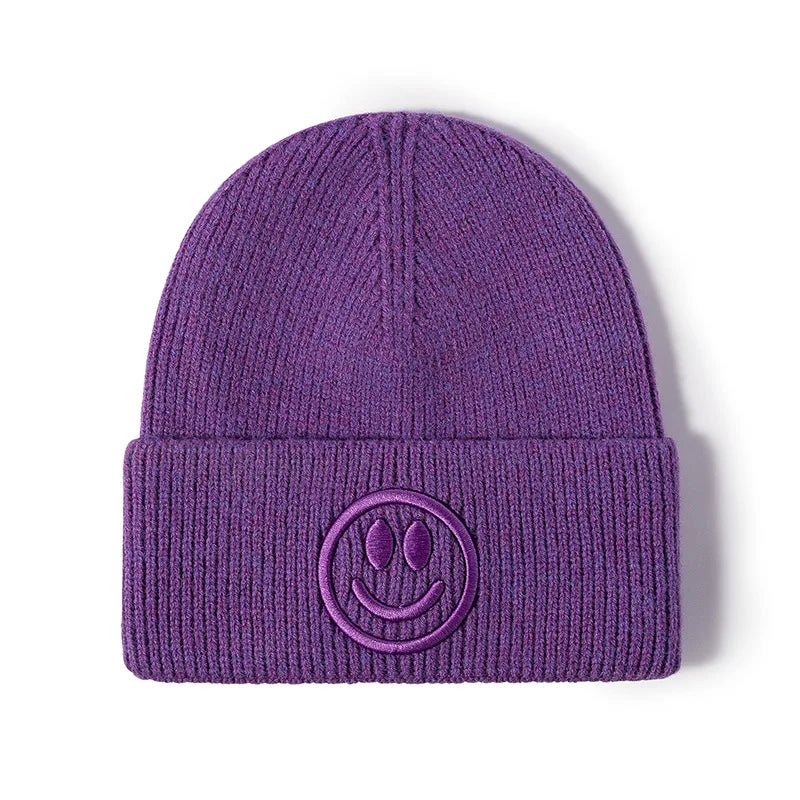 Wool hat female Korean versioncartoonsmiley face embroidered knittedautumn andwintermen'soutdoorwarm thickened brimless cold hat