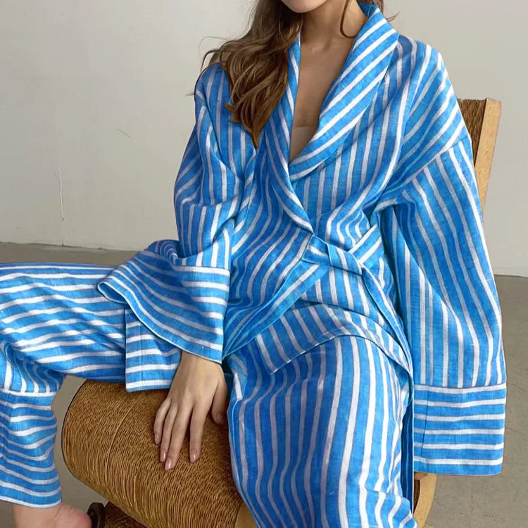 Women's Clothing 2025 Autumn New Striped Long-sleeved Loose Lace Top High Waist Trousers Fashionable Casual Suit